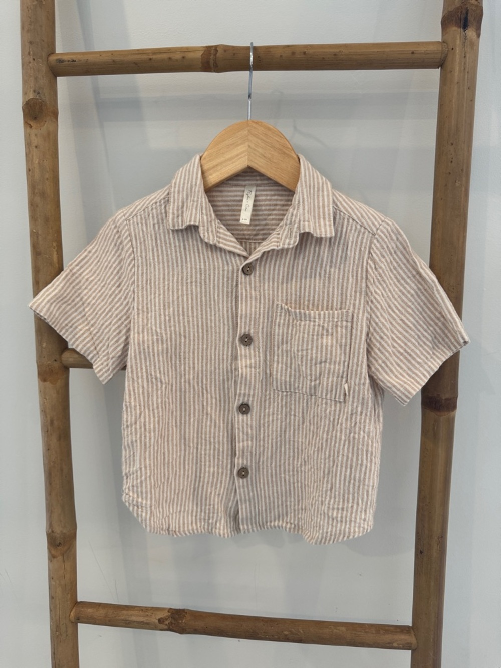 Rylee + Cru Beige and White Striped Button-Up Shirt
